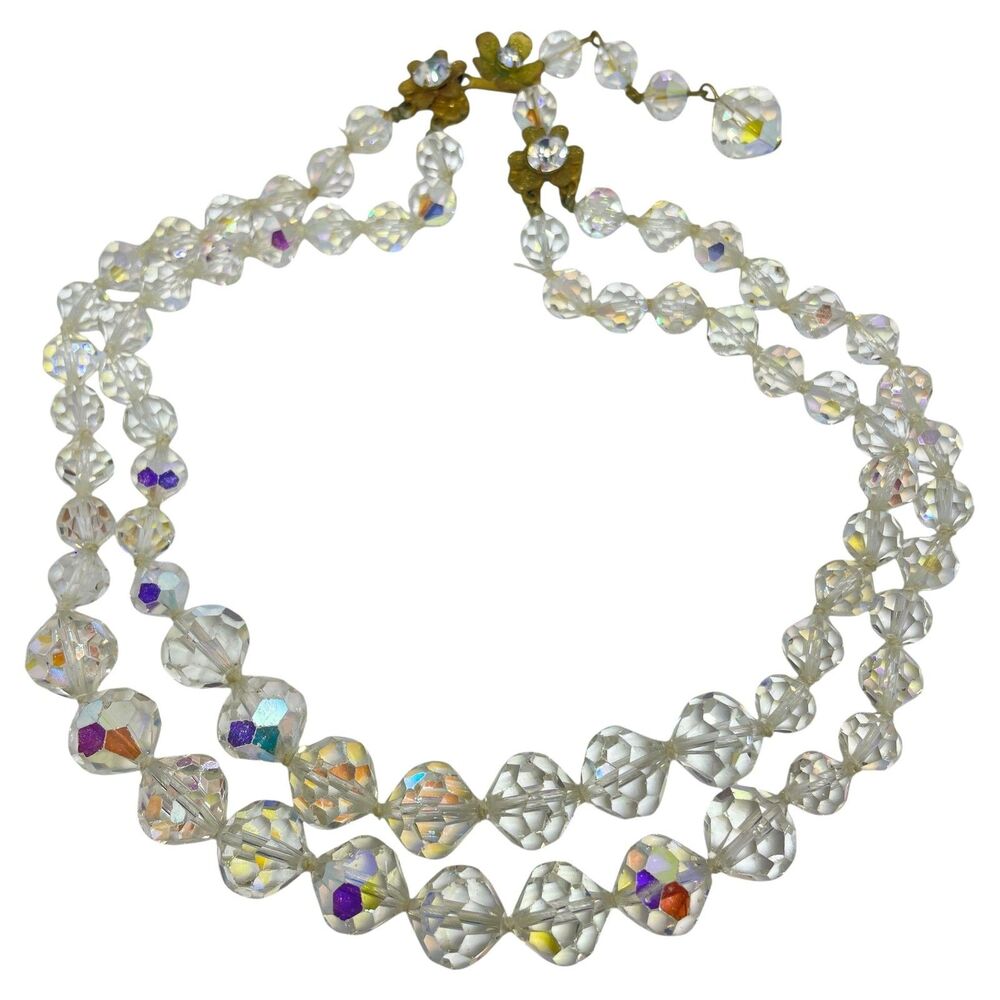 DEMARIO signed vintage gold tone ab crystal multi strand designer necklace